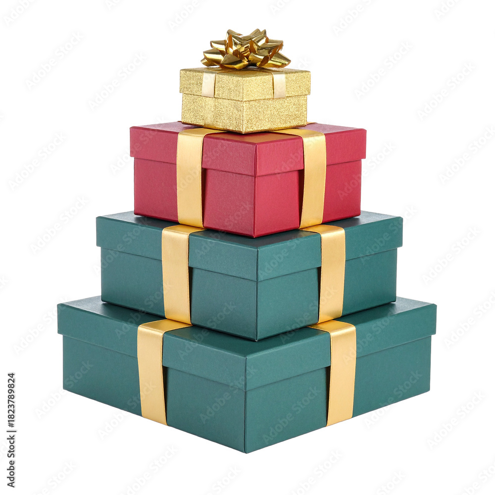 Obraz premium Stack of Presents: Four colorful gift boxes, elegantly arranged, each adorned with a matching ribbon, creating a visual symphony of celebration and anticipation.