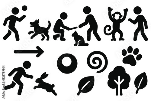Cross-Species Playtime Icons. Solid style icons of playful interaction across species: dog, cat, monkey, rabbit, human figure,