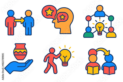 Cultural Evolution Icons. Isometric vector illustration set Cultural evolution: cultural transmission, meme propagation, idea
