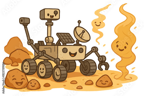 Mars Rover Exploration. Mars rover adventure with cheerful wheels, rocks smiling with secrets, and curious Martian dust devils