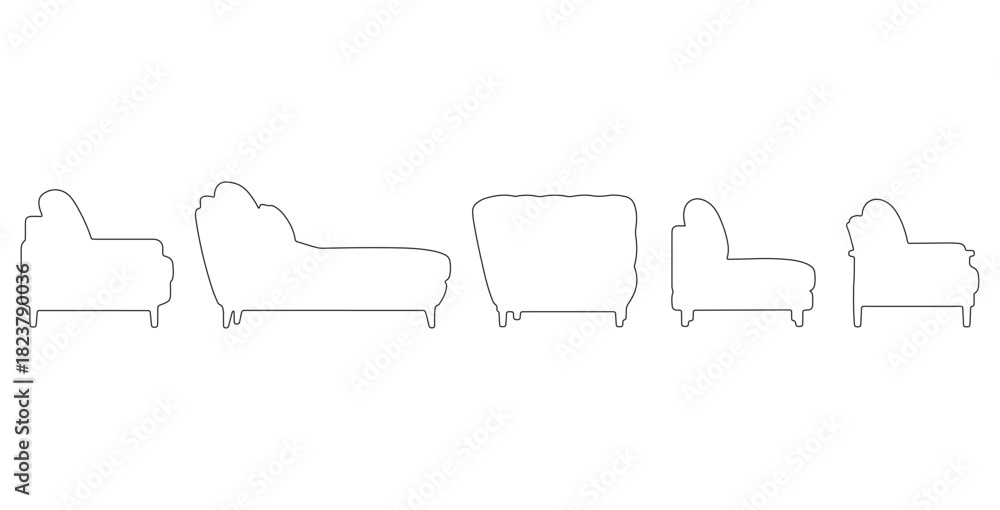 Obraz premium CAD drawing of multiple modern sofa outline designs in side view — including a minimalist block sofa, curved contemporary sofa, tufted cushion sofa, low-profile lounge sofa. Vector illustration