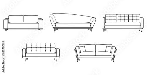 CAD drawing of multiple modern sofa designs in front view — including a minimalist block sofa, curved contemporary sofa, tufted cushion sofa, low profile lounge sofa. Vector illustration