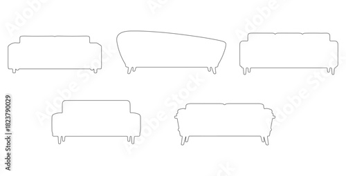 CAD drawing of multiple modern sofa outline designs in front view — including a minimalist block sofa, curved contemporary sofa, tufted cushion sofa, low profile lounge sofa. Vector illustration