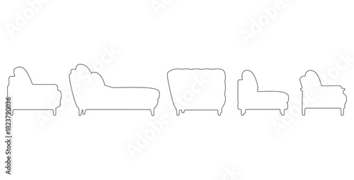 CAD drawing of multiple modern sofa outline designs in side view — including a minimalist block sofa, curved contemporary sofa, tufted cushion sofa, low-profile lounge sofa. Vector illustration