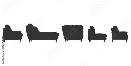 CAD drawing of multiple modern sofa silhouette designs in side view — including a minimalist block sofa, curved contemporary sofa, tufted cushion sofa, low-profile lounge sofa. Vector illustration