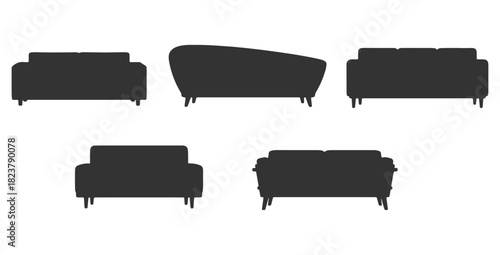CAD drawing of multiple modern sofa silhouette designs in front view — including a minimalist block sofa, curved contemporary sofa, tufted cushion sofa, low profile lounge sofa. Vector illustration