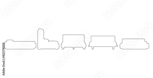 CAD drawings of various modern bed outline designs in side view — platform bed, upholstered headboard bed, wooden frame bed, low-profile modern bed, minimalist slab bed. Vector illustration