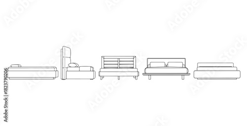 CAD drawings of various modern bed designs in side view — platform bed, upholstered headboard bed, wooden frame bed, low-profile modern bed, minimalist slab bed. Vector illustration