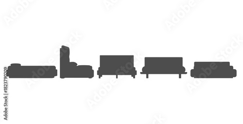CAD drawings of various modern bed silhouette designs in side view — platform bed, upholstered headboard bed, wooden frame bed, low-profile modern bed, minimalist slab bed. Vector illustration