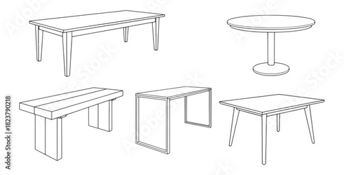CAD drawings of various table designs in side view — rectangular dining table, round table, minimalist plank table, metal-frame modern table, Scandinavian wooden table. Vector illustration