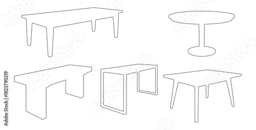 CAD drawings of various table outline designs in side view — rectangular dining table, round table, minimalist plank table, metal-frame modern table, Scandinavian wooden table. Vector illustration