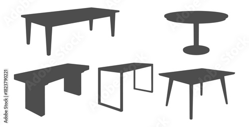 CAD drawings of various table silhouette designs in side view — rectangular dining table, round table, minimalist plank table, metal-frame modern table, Scandinavian wooden table. Vector illustration
