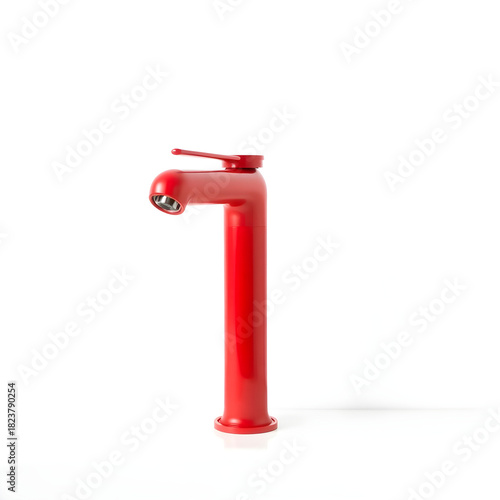 A solitary, vibrant red tap, with a sleek and modern design, is centered on a pristine white background