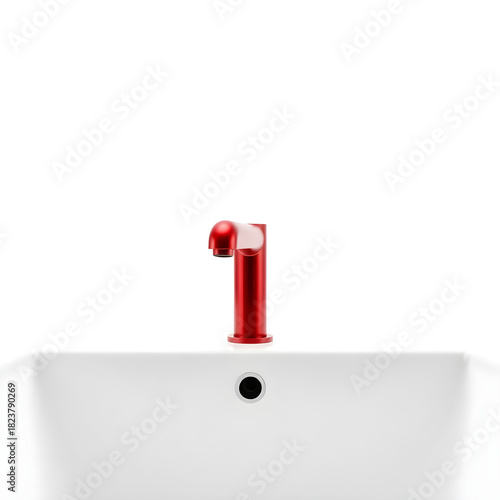A solitary, vibrant red tap, with a sleek and modern design, is centered on a pristine white background