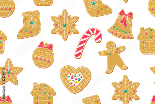 
Winter homemade sweet cookies in festive shapes. Seamless pattern for Christmas design. Cute cartoon illustration on a white background. Vector
