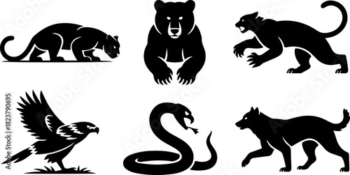 Collection of six stylized black animal silhouettes on a white background