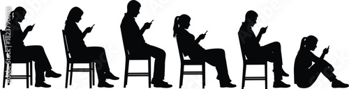 Digital Distraction and Addiction: Silhouettes of People Sitting, Looking at Smartphones, Ignoring Each Other in a Social Setting Vector.