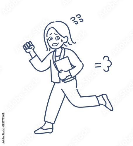 忙しく走り回る40代ビジネスウーマンのイラスト　線画のみ