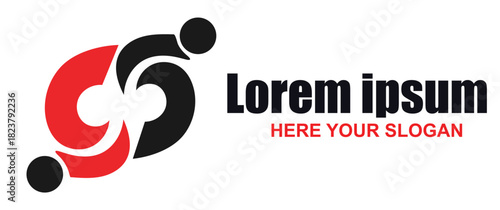 Abstract red and black interconnected figures logo design representing community, partnership, and collaboration, isolated on white