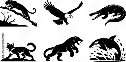 Collection of silhouette wildlife animals in dynamic poses