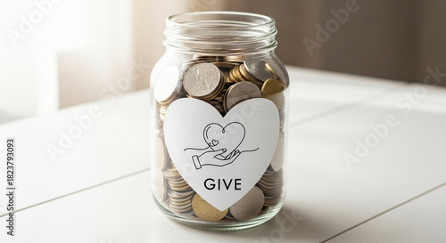 Clear jar filled with coins labeled 'Give' on wooden table  