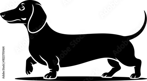 Silhouette of a walking black dachshund dog on a light gray background