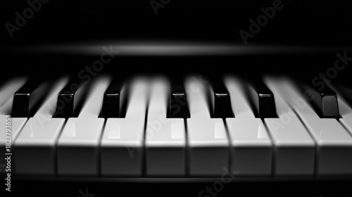 octet. Close-up of piano keys in black and white pattern, elegant musical instrument detail. lifestyle magazines, social media lookbooks, designed for influencer and brand collaborations.