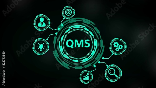 Teal digital infographic with QMS acronym in a circular HUD interface on a black background with icons representing business concepts