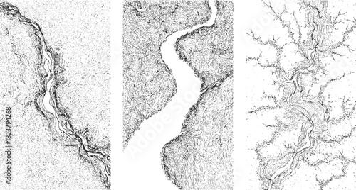 Three black and white line art illustrations of winding rivers and textured landscapes water nature