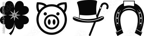 Set of four good luck symbols icons, black vector silhouette featuring clover, piggy, top hat, and horseshoe on white