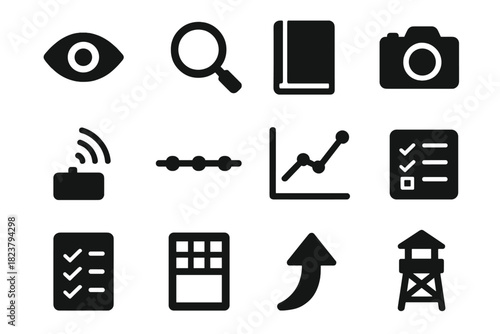 Observation Tools Icons. Solid style icons of behavioral observation: eye icon, magnifying glass, notebook, camera, sensor,