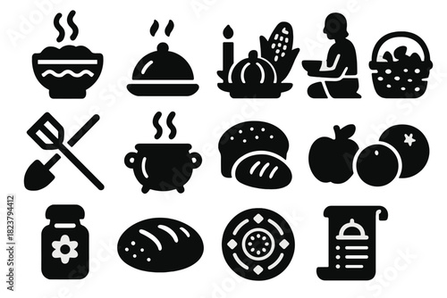 Cultural Food Icons. Solid style icons of Diet and Human Culture: cultural dish, ritual food, ancient meal, farming tools, cooking
