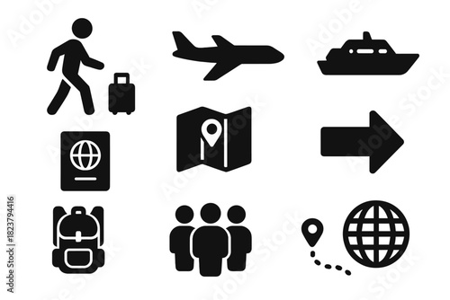 Migration Icons Collection. Solid style icons of migration: walking person, suitcase, airplane, boat, passport, map, directional