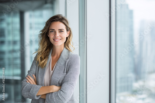 Confident businesswoman standing by an office window with arms crossed, smiling professional portrait in a modern corporate high-rise Free Download Confident businesswoman standing by an office window with arms crossed, smiling professional portrait in a modern corporate high-rise - GFXLoad