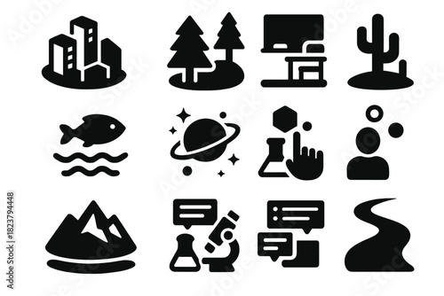 Solid Virtual Icons. Solid style icons of virtual environments: 3D city, forest, classroom, ocean, space scene, desert, mountain,