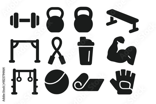 Strength Building Icons. Solid style icons of strength building: dumbbell, barbell, kettlebell, weight bench, pull-up bar,