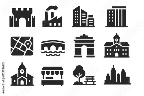 Urban Evolution Icons. Solid style icons of Urban History: ancient city walls, industrial factory, modern skyscraper, city map,