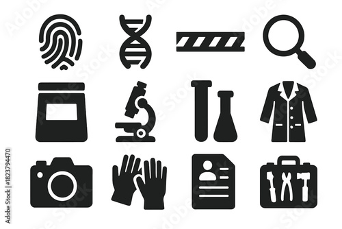 Criminal Investigation Icons. Solid style icons of Criminal Investigation: fingerprint print, DNA strand, crime scene tape,