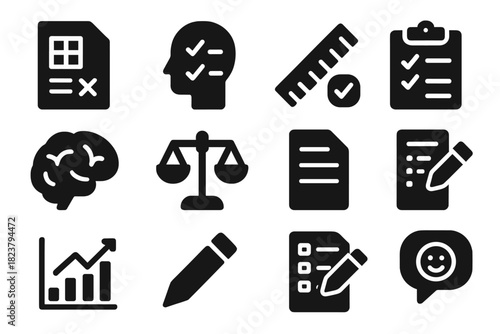 Assessment Tools Icons. Solid style icons of Psychological Assessment Tools: intelligence exam, personality quiz, measurement