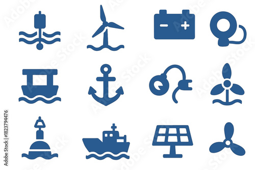 Blue Technology Icons. Solid style icons of Blue Technology: wave energy device, offshore windmill, saltwater battery, floating
