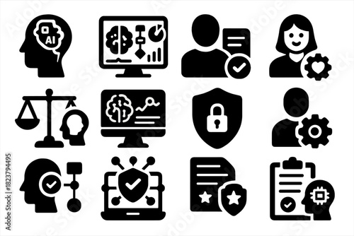 Responsible AI Icons. Solid style icons of Responsible Artificial Intelligence: bias scanner, transparency dashboard,