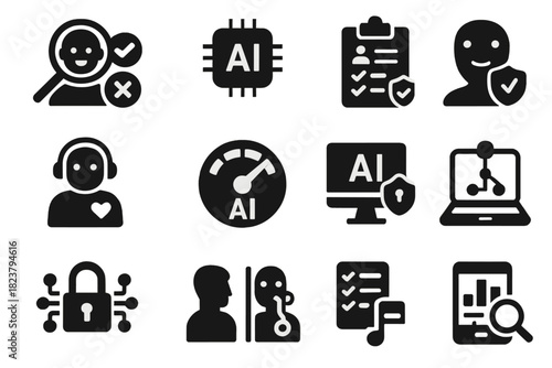 Transparent AI Icon Set. Solid style icons of Transparent AI Systems: bias analysis, transparent AI, accountability form, ethical