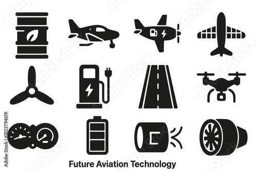 Future Aviation Icons. Solid style icons of Future Aviation Technology: biofuel barrel, electric plane, hybrid propulsion, solar