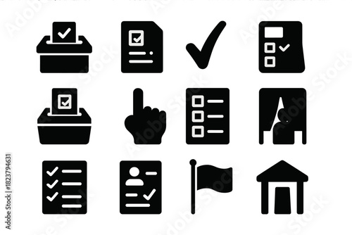 Voting System Icons. Solid style icons of voting systems: ballot box, voting paper, check mark, voting machine, ballot scanner,