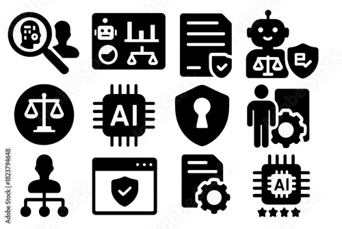 Responsible AI Icons. Solid style icons of Responsible Artificial Intelligence: bias scanner, transparency dashboard,
