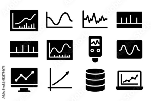 Astronomy Data Icons. Solid style icons of data analysis in astronomy: spectrum chart, light curve, signal graph, emission lines,