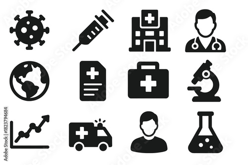 Global Medical Icons. Solid style icons of Global Medical Initiatives: infectious disease, vaccine syringe, hospital, doctor