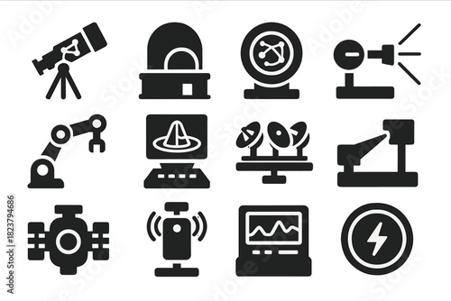 Futuristic Astrophysics Icons. Solid style icons of futuristic astrophysics tools: AI telescope, space observatory, quantum