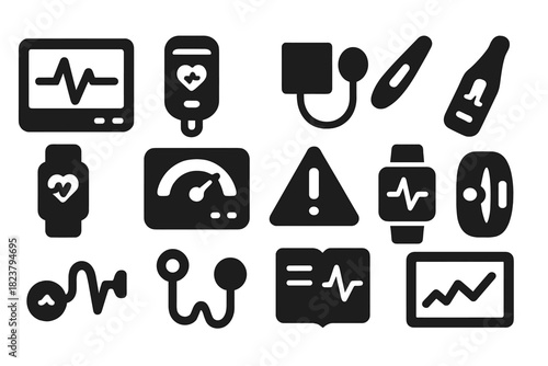 Medical Monitoring Icons. Solid style icons of medical monitoring: heart rate monitor, pulse oximeter, blood pressure cuff,