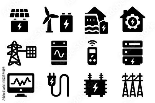 Renewable Energy Icons. Solid style icons of renewable storage integration: solar battery, wind turbine storage, hydroelectric